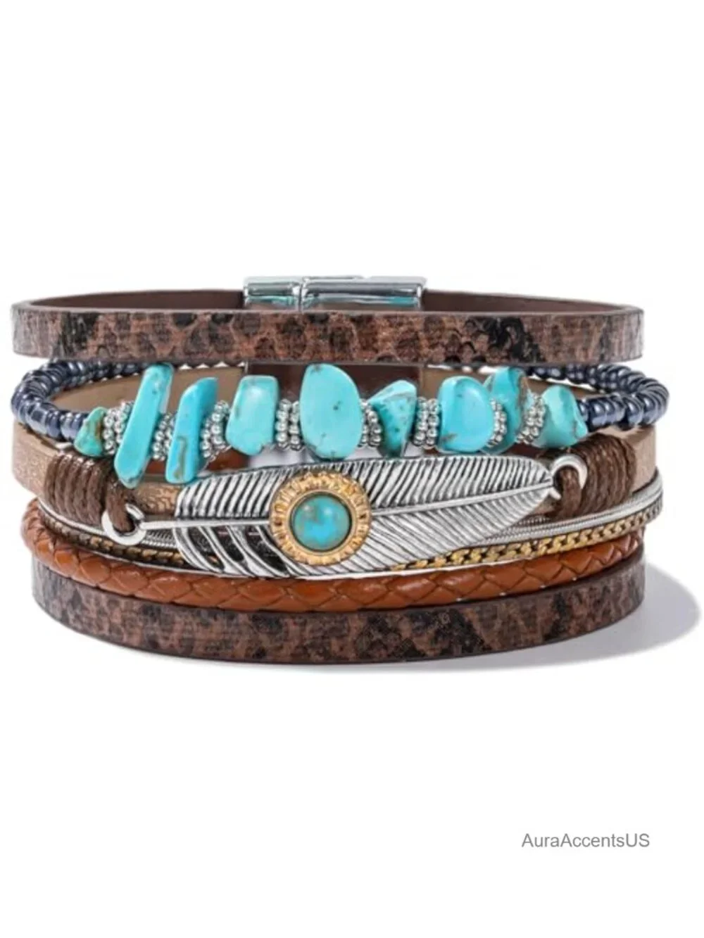 Genuine Turquoise Leather Wrap Cuff Bracelet Boho Feather Magnet